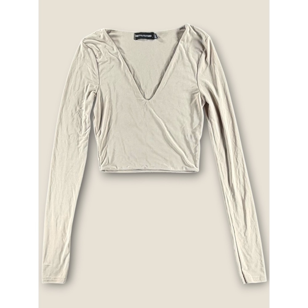 PrettyLittleThing Womens V Neck Long Sleeve Crop Top Stone Taupe Size 0